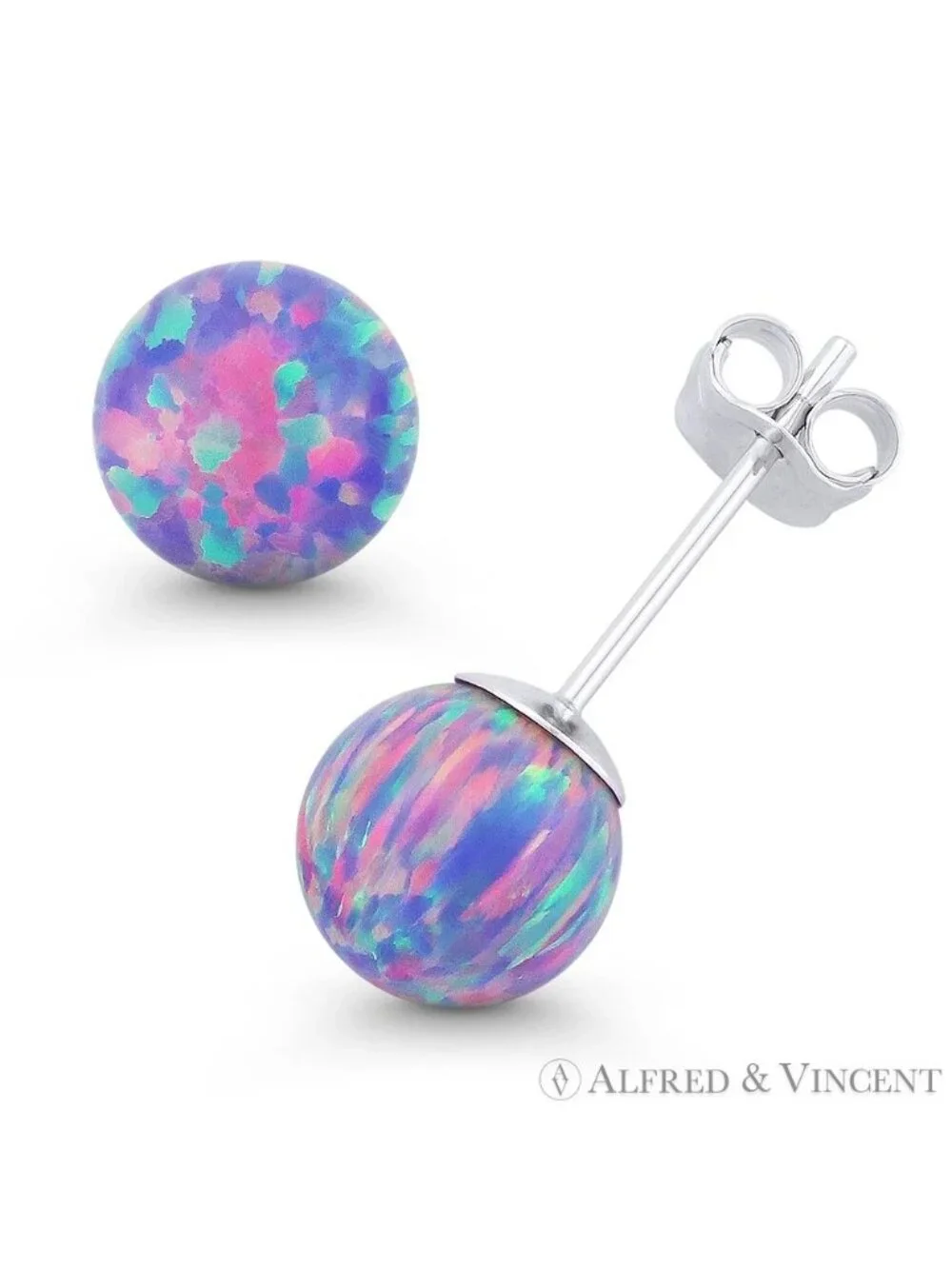 Fiery Lavender Lab Opal Ball Pushback Stud Earrings in 14k White Gold